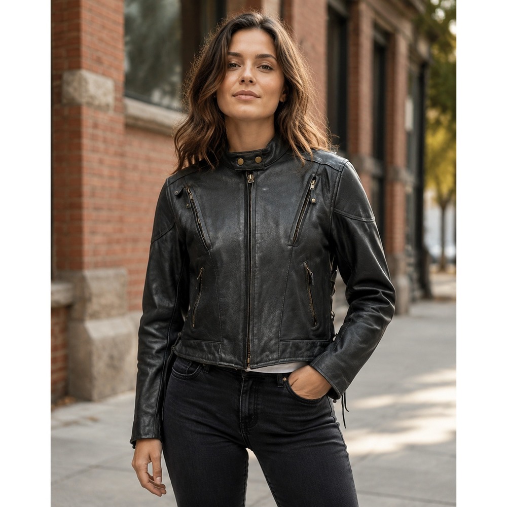 Vintage Black Full Grain Leather Cafe Racer Moto Jacket Cropped Lace Up Size M
